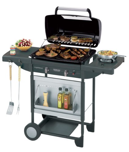 Campingaz Barbecue Gas Texas Revolution, BBQ Gas per Pietre Laviche, Grill Barbecue a Gas Compatto con 2 Bruciatore, Potenza 8.2 kW, Griglie in Ghisa, 2 Tavoli a Lato e Carrello in Acciaio
