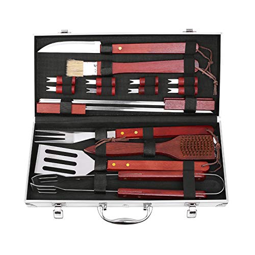 FIXKIT Set Completo Barbecue x18 Pezzi Set Attrezzi BBQ in Acciaio Inox Posate con Manico di Legno Pulizia Griglia Kit Grigliatura Grill Set con Valigetta Inclusa