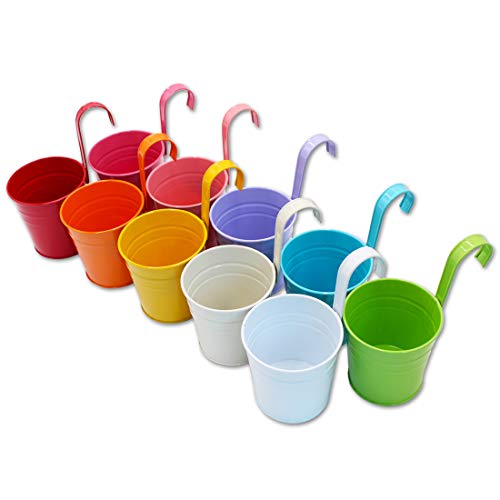 GIOVARA Vaso portafiori in Metallo a Forma di Secchio da Appendere, Vaso da Giardino Senza Foro di drenaggio, Decorazione da Balcone, Gancio Rimovibile (10 Pezzi con 10 Colori Assortiti)