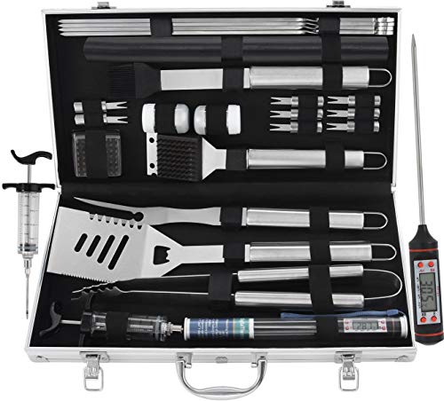 grilljoy Ensemble Barbecue, 25 Pezzi Accessori in Acciaio Inox Barbecue in Custodia, Kit Barbecue Completo Completo per Esterno BBQ Set per Uomo Donna