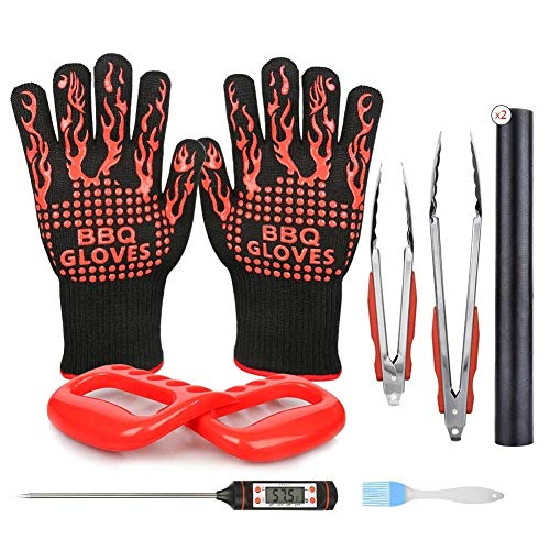 Set Utensili per Barbecue Accessori BBQ di Guanti da Barbecue, Pinza da Barbecue, Tappetini Antiaderenti, Artigli per Carne, Pennello da Cucina, Termometro da Cucina Accessori Barbecue