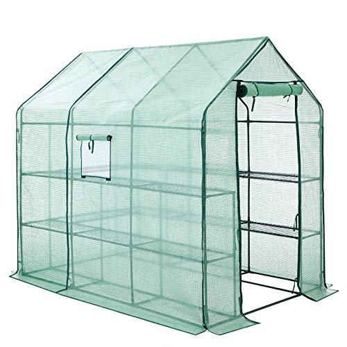SONGMICS Serra da Giardino, Vivaio per Piante con 14 Ripiani, Porta a Tenda Avvolgibile, Serra per Esterni, Balcone, Terrazza, Cortile, 143 x 215 x 195 cm, Verde GWP13GN