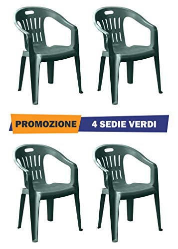 Sedia Piona Verde con Braccioli | 4 Pezzi | Poltroncina in Plastica Impilabile da Giardino Garden Bar Interno Esterno Campeggio Balcone Pizzeria