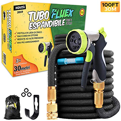 Fluex Tubo Estensibile da Giardino per Irrigazione Professionale Allungabile 30M, con 8 Funzioni di Spruzzo per Giardinaggio Lavaggio Auto e Casa