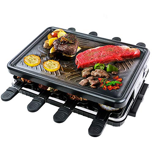 Raclette Grill per 8 Persone Piastra Griglia Elettrica per Cucinare Teppanyaki Grill da Tavolo Barbecue Elettrico con 8 Mini Padelle di Cottura e 4 Spatole in Legno Griglie Pasqua Elettriche 1300W