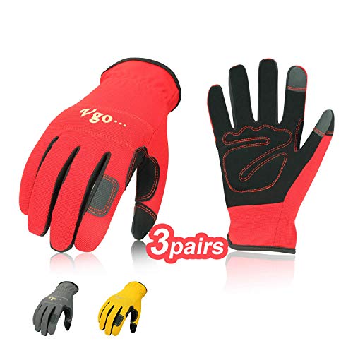 Vgo Glove Guanti 3 paia guanti da lavoro in pelle nabuk guanti da giardinaggio meccanico edile multifunzione 10XLRosso Grigio GialloNB7581