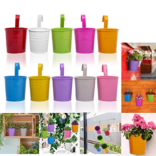 10 Vasi da Appendere Esterno in Metallo Colorato Vasi Pensili per Balcone Giardino Fioriera e Decorazioni Vasetti per Piantine in Ferro con Manico Rimovibile e Foro Drenaggio Vasi per Piante