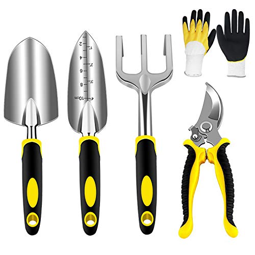 AGAKY Set Attrezzi da Giardino 5 Pezzi Durevole Alluminio Kit Giardinaggio Comprende Guanti da Giardino Forbici Rastrello Pala Cazzuola Regalo di Giardinaggio per Uomini e Donne Giallo