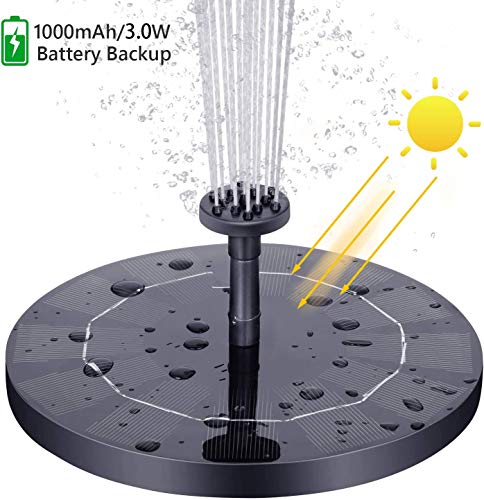 AISITIN Fontana Solare Pompa ad Acqua Solare Circolare da 3W Fontana da Giardino con 1000mAh Batteria con 6 Ugelli per Bagno per UccelliAcquarioStagno o Decorazione del Giardino