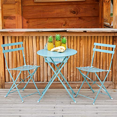 Amagabeli Set da Bistrot 1 Tavolo tavolinoH90 x D75cm e 2 Sedie H83 x W42 x D38cm arredi da Balcone in Pieghevole Giardino Veranda e terrazza Set di Arredamento per Esterni in antiruggine Azzurro