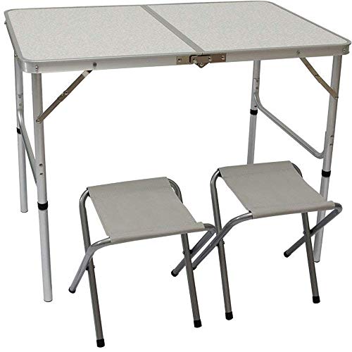 AMANKA Tavolino da PICnic incl 2 Sgabelli Tavolo da Campeggio 90x60x70cm Altezza Regolabile Pieghevole Formato Valigia Grigio Chiaro