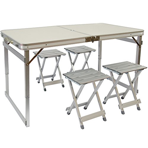AMANKA Tavolino da PICnic incl 4 Sgabelli exta Stabile Tavolo da Campeggio 120x70x70cm Altezza Regolabile Pieghevole Formato Valigia Alluminio