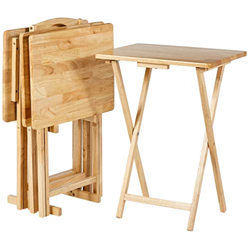 AmazonBasics set da 4 tavolini alti pieghevoli per snackcena stile classico con rastrelliera  legno naturale
