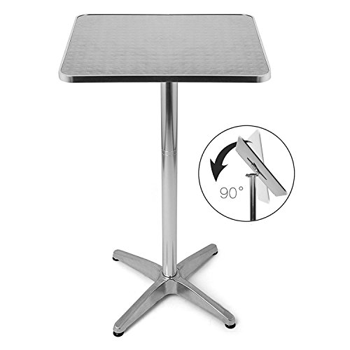 BAKAJI Tavolino in Alluminio per Esterno Pieghevole 60 x 60 cm con Altezza Regolabile 70110cm Tavolo Bistrot Ripiano Top in Acciaio Inox Quadrato per Bar Casa Giardino Ristorante Silver