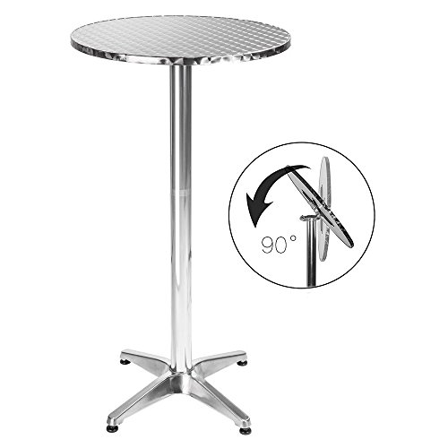 BAKAJI Tavolino in Alluminio per Esterno Pieghevole 60 x 70110cm Regolabile in Altezza Tavolo Bistrot Ripiano Top in Acciaio Inox Rotondo per Bar Casa Giardino Ristorante Silver