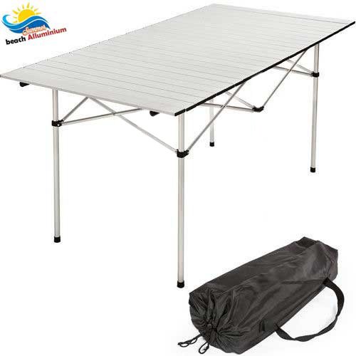 BAKAJI Tavolo Tavolino Camper Campeggio Picnic in Alluminio Pieghevole Top Arrotolabile Salvaspazio e Leggero Ideale per Sagre Fiere Giardino Casa 140 x 70 cm