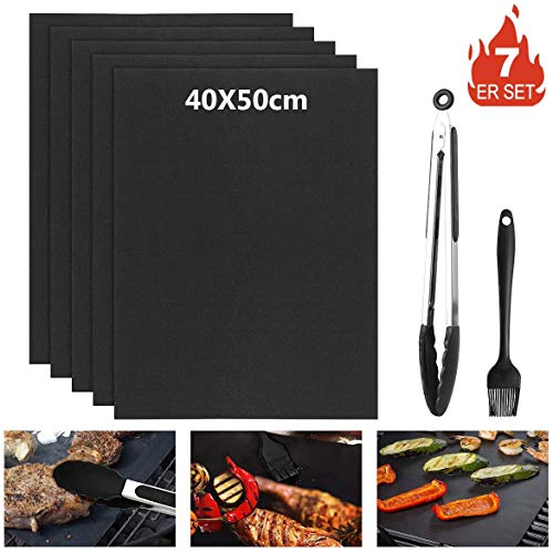 Barbecue Grill Mat Tappetino da Barbecue Antiaderente Riutilizzabili Resistente al Calore 5 Pz Stuoie Barbecue 50x40cm Spazzola Pinze per Barbecue per Griglia a Carbone Gas Forno Elettrica Nero