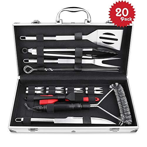 BEEWAY Set di Attrezzi per Barbecue con Custodia in Alluminio 20 in 1 Utensili per Barbecue in Acciaio Inox