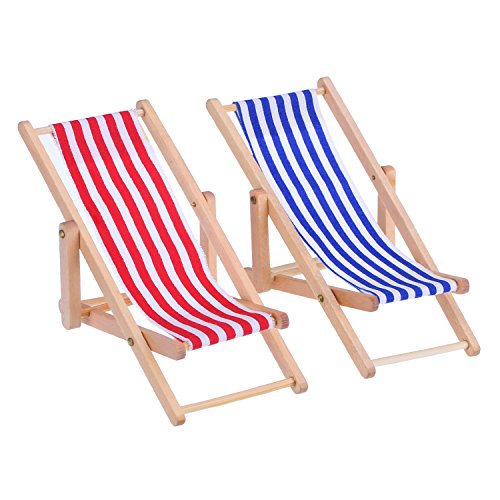 Bememo 2 Pezzi 112 Sedia in Miniatura da Spiaggia Chaise Longue in Legno Pieghevole Sedia a Sdraio Mini Mobili Accessori con Rosso Blu Striscia per Interno Esterno