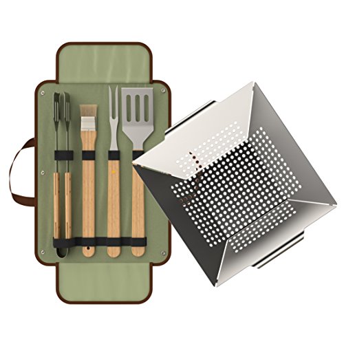 bonvivo Kuristo Set Barbecue da 5 Pezzi con Accessori da Barbecue  Pinza da Barbecue Spatola da Barbecue Forchetta da Barbecue Spazzola da Barbecue E Cestello da Barbecue in Acciaio Inox E Legno