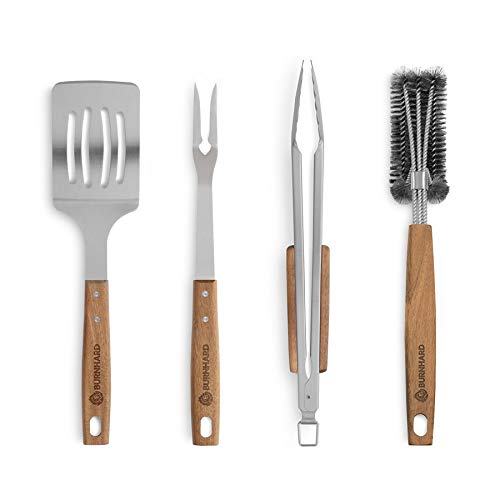 BURNHARD Set di Utensili per Barbecue in Acciaio Inox e Legno di Acacia Accessori per Grigliare 4 Pezzi
