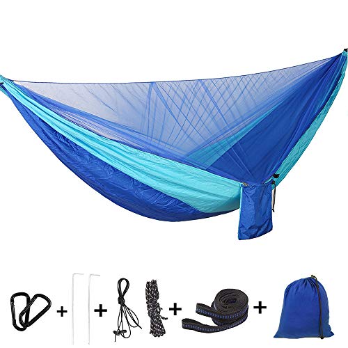 Bwiv Amaca da Campeggio Con Zanzariera Portatile Ultraleggero Amaca Outdoor Paracadute Nylon 290x140cm Portata massima 200 kg Per Escursionismo Backpacking Viaggi Blu