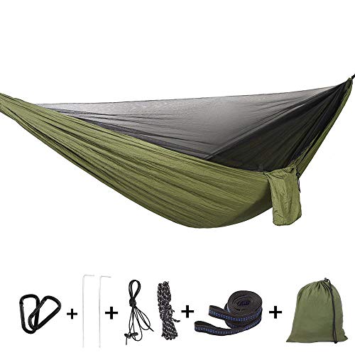 Bwiv Amaca da Campeggio Con Zanzariera Portatile Ultraleggero Amaca Outdoor Paracadute Nylon 290x140cm Portata massima 200 kg Per Escursionismo Backpacking Viaggi Verde