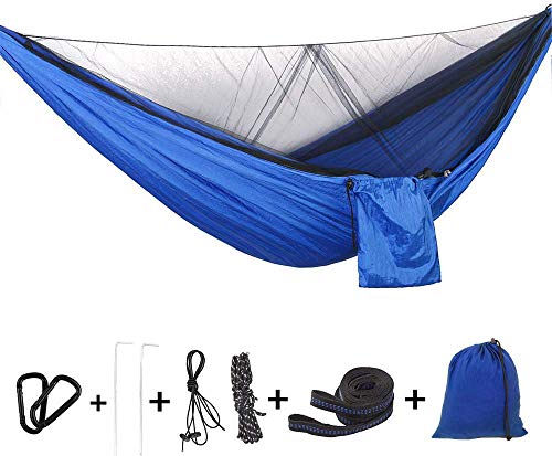 Bwiv Amaca da Campeggio Con Zanzariera Portatile Ultraleggero Amaca Outdoor Paracadute Nylon 290x140cm Portata massima 200 kg Per Escursionismo Backpacking Viaggi Blu