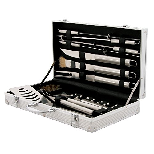 CampFeuer Set di posate da barbecue in acciaio con valigetta di alluminio valigetta per barbecue set di posate ideale per grigliate con forchetta da barbecue pinza da barbecue spatola e altro 18pezzi