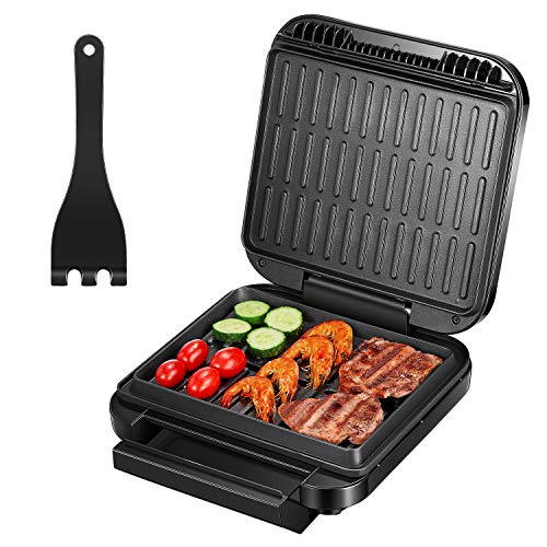 Deik Bistecchiera Elettrica Grill Elettrico Griglia Elettrica Panini MakerGriglia Piastra Riscaldante a Doppia Faccia Rivestimento Antiaderente Spatola e Vaschetta Raccoglitrice 1400W Nero