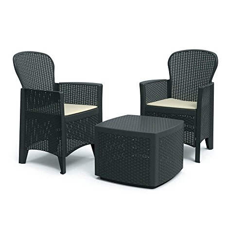DMORA 8052773491754 Set da Giardino con Cuscini 2 Poltrone e 1 Tavolino Contenitore da Esterno Made in Italy Antracite