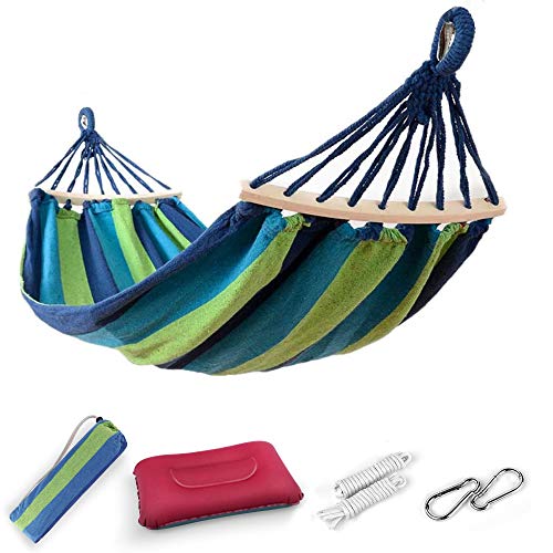 EASY EAGLE Amaca da Giardino con 60CM Aste di Legno 220x120CM Amache Cotone con Cuscino Gonfiabile per Campeggio Viaggio Carico 300KG Strisce Verdeblu