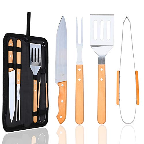 EKKONG 4 Pezzi Set Utensili Barbecue Accessori Barbecue in Acciaio Inossidabile con Manico in Legno BBQ Attrezzi Kit con Valigetta Regalo per Uomo 4pcs