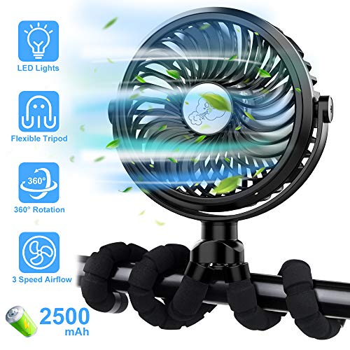 FITA Ventilatore USB Portatile Ventilatore da Tavolo 3 Velocit Rotazione a 360 Batteria da 2500 mAh Ricarica USB Desk Fan con Luci a LED per Passeggino Bike Camping BBQ Gym