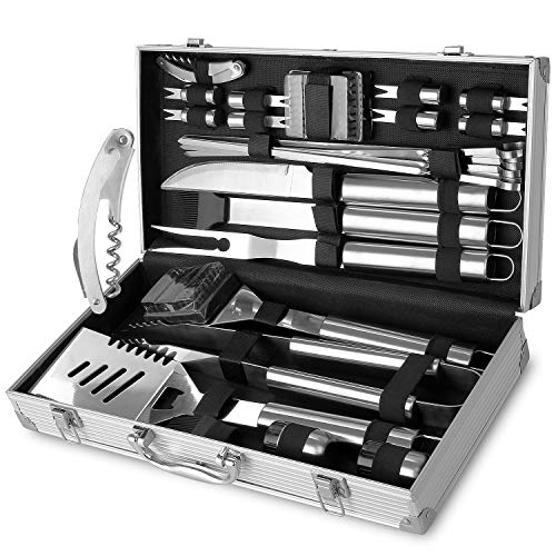 Fixkit Set di Utensili Barbecue 26 Pezzi Completo con Apribottiglie Attrezzi BBQ in Acciaio Inossidabile Posate Barbecue Set con Valigetta Regalo per Natale CompleannoUomo