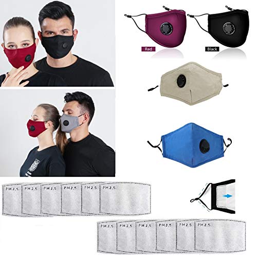 Freefa 4pezzi Bandane facciali lavabili in Italia regolabili con valvola respiratoria e 12pezzi filtri a carbone attivo a cinque strati sostituibili Haze Dust Face Health per adulti