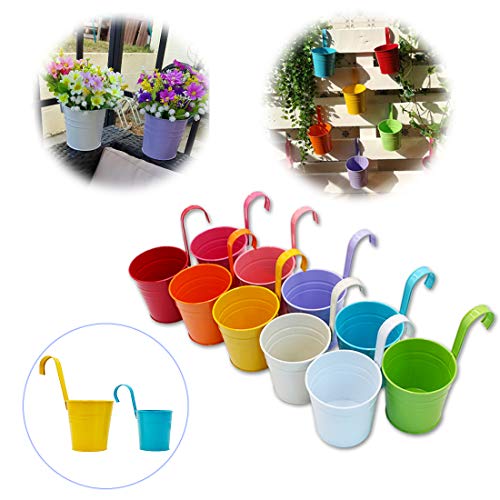 GIOVARA Grande Vaso da Fiori in Metallo da Appendere con Foro di drenaggio Decorazione per Balcone Gancio Staccabile 10 Pezzi con 10 Colori Assortiti