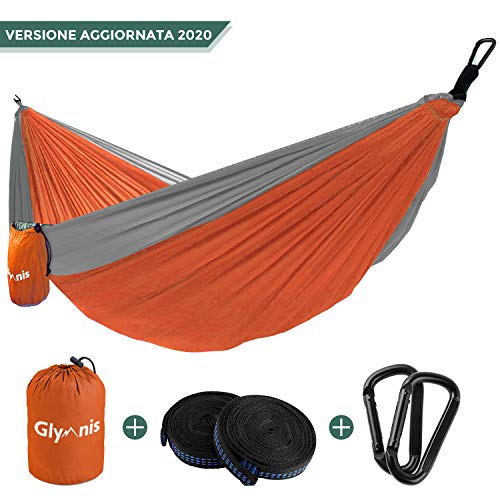 Glymnis Amaca da Giardino Amaca da Campeggio capacit di Carico 300kg con Kit di Fissaggio Tessuto 210T 275x141 cm per Campeggio Giardino Escursioni ArancioneGrigio