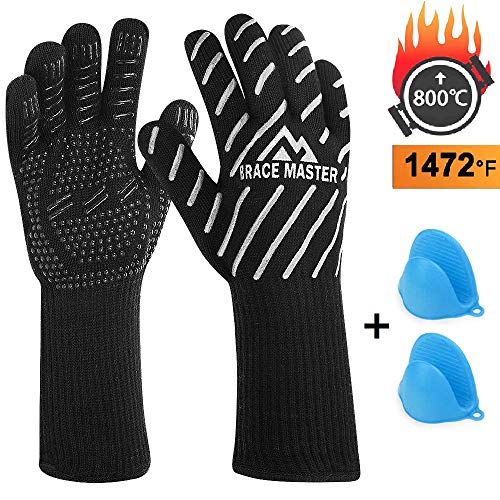 Guanti da Barbecue Resistenti al Calore Fino a 800 C con Un Paio di Guanti in Silicone in Confezione Guanti da Forno per Cucina Barbecue Caminetto e Carbone 1 Paio