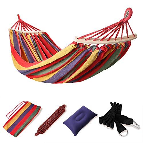 hctaw Amaca da Giardino con 60CM Aste di Legno 200x150CM Amache Cotone con Cuscino Gonfiabile per Campeggio Viaggio Carico 300KG Rosso 200 150