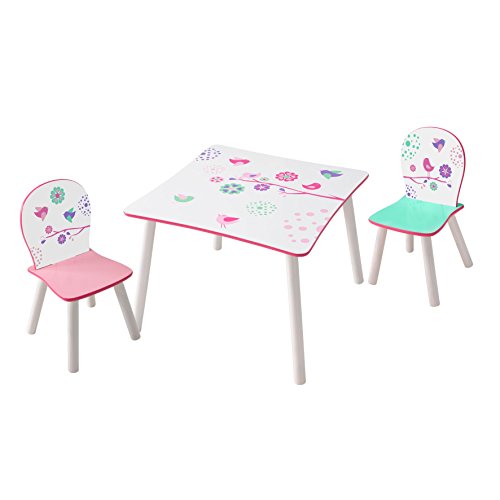 HelloHome 527FLW Tavolo per Bambini con Sedie di Fiori e Uccelli Legno White 63 x 63 x 525 cm