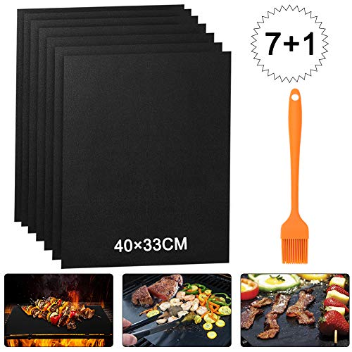 IZSUZEE Tappetini da Barbecue Set di 7 BBQ Griglia Tappetin 40x33 cm in Teflon SenzaPFOA Antiaderente Riutilizzabili Mat Cottura al Calore per Griglia a Gas Carbone Weber Forno Elettrico
