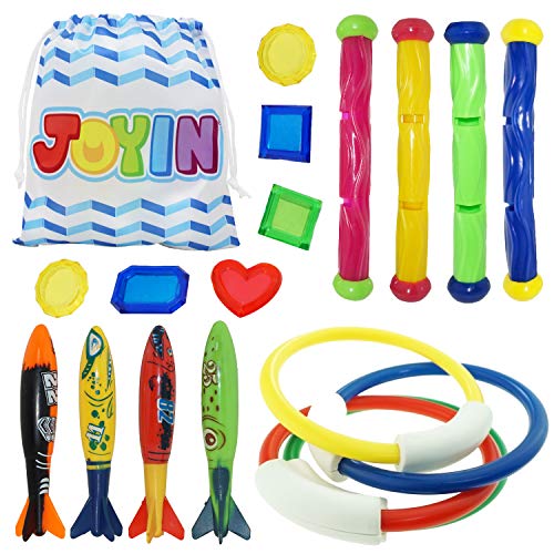 JOYIN 18 Pezzi Piscina Immersione Giocattolo Anelli di Nuoto Bastoncini da Immersione e Banditi Toypedo con Set Regalo Tesori Subacquei Giochi da Immersione SottAcqua