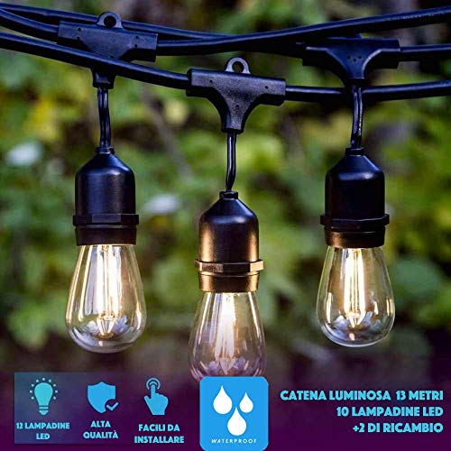 JPLED Catena Di Luci Led ImpermeabileCon 12 Lampadine Led E27 Luci Da Esterno E Da Decorazione Lunghezza 13M Catena Di Lampadine Per Giardino Ristoranti Alberghi Matrimonio DecorazioniCasa