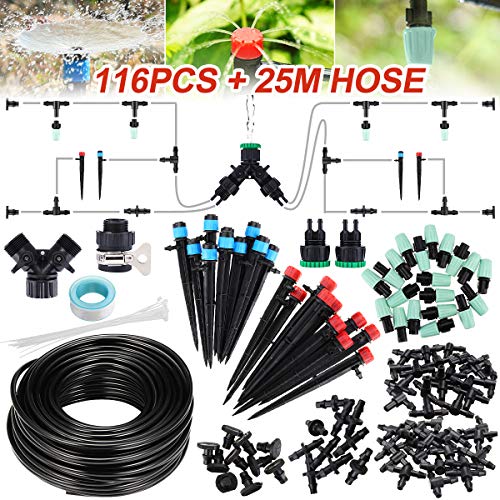 king do way 25M Sistema di Irrigazione a Goccia Automatica con Valvola Y 20 Ugelli atomizzatori 10 Gocciolatore di Fontana 10 Gocciolatori Kit per Irrigazione Regolabile per Giardino Serra