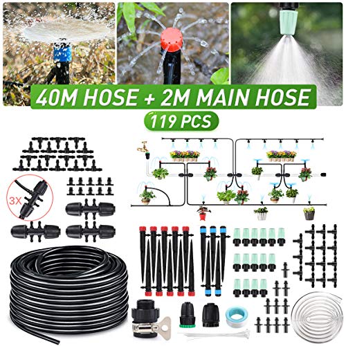 king do way 42M Sistema di Irrigazione a Spruzzo Automatica Kit per Irrigazione a Goccia Regolabile per Giardino Serra con 2M Tubo Trasparente 3 Connettori a Sei Vie e 3 Tipi di Gocciolatori