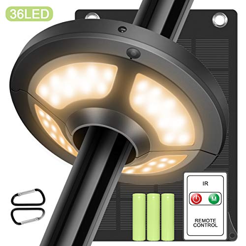 Lampada per Ombrellone Jirvyuk Luci per Ombrellone con Pannello Solare e Telecomando con 36 LEDs 2 Livello Dimmerabili per Giardino Spiaggia con Batterie 3AA Incluse Bianco Caldo