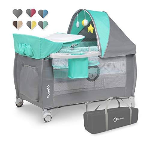 Lionelo Sven Plus 2 in 1 box bambini lettino bambino fasciatoio giocattoli pendenti baldacchino con zanzariera ingresso laterale aggiuntivo rotelle mobili sistema LockGuard turchese