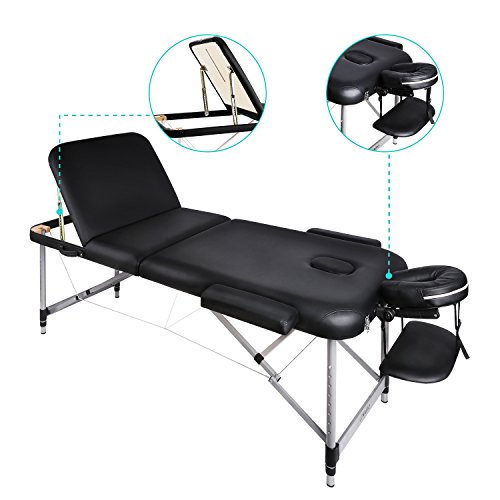 Naipo Tavolo da Massaggio Letto Lettino Spa larghezza 70 centimetri Tre Parti Ripiegabili e Gambe in Alluminio Professionale Ergonomico e Facile da Installare con Borsa per Trasporto Nero
