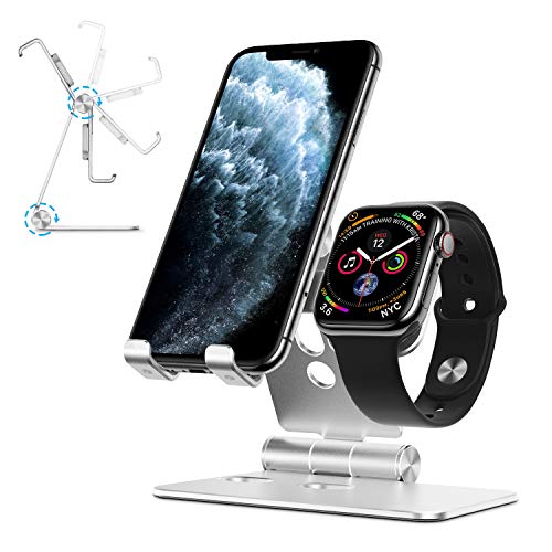 OMOTON Supporto per Telefono e Watch da Tavolo Porta Cellulare Regolabile Pieghevole in Alluminio Argento
